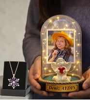 Fotoğraflı & Yazılı Led Işıklı Fanus ve Gerçek Ametist Taşlı Lotus Kolye Sevgiliye Anlamlı Hediye (Model 5)
