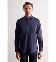 Lacivert Yarım İtalyan Yaka Saten Uzun Kol Slim Fit %100 Pamuk Gömlek 1004255188
