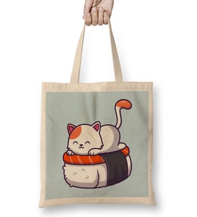 Cute Cat Sushi Salmon 04 Bez Çanta Uzun Saplı