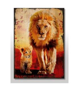 50cmX70cm Ahşap Tablo Eski Aslan ve Yavrusu Görseli