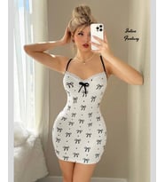Intive Fantasy Beyaz Siyah Kurdeleli Dantel Detaylı Slim Kesim Mini Feminen Gecelik