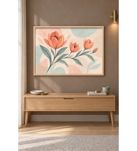 Mercan Laleler Pastel Yaylar Ahşap Çerçeveli Duvar Tablosu