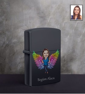 Kişiye Özel Melek Anne Karikatürlü UV Baskılı Siyah Benzinli Çakmak Model-2