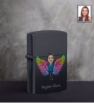 Kişiye Özel Melek Anne Karikatürlü UV Baskılı Siyah Benzinli Çakmak Model-2