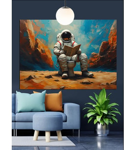 Astronot Gazete Okuyor Dekoratif Kanvas - Mdf Ahşap Tablo