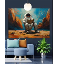 Astronot Gazete Okuyor Dekoratif Kanvas - Mdf Ahşap Tablo