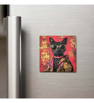Black Cat - Siyah Kedi - Güneş Gözlüklü Style - Buzdolap Magneti - 9x9 Cm