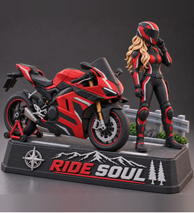Ride Soul Kadın Motosikletçi Figürü Kırmızı Siyah Diorama 3D Baskı Motor Hediyesi
