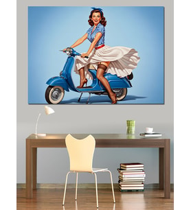 Scooter Süren Vintage Kadın Dekoratif Kanvas - Mdf Ahşap Tablo
