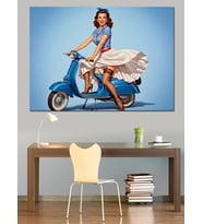 Scooter Süren Vintage Kadın Dekoratif Kanvas - Mdf Ahşap Tablo