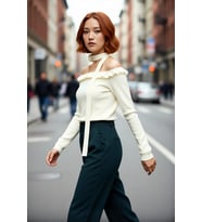 Kadın Carmen Yaka Fitted Basic Akrilik Triko Uzun Kol Bluz Güllü Atkı Aksesuarlı Şık Ve Modern Stil