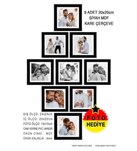 9 Adet 20x20 Çerçeve - Mdf Çerçeve - Kare Fotoğraf Çerçevesi (Siyah)