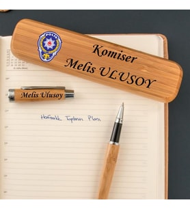 Polislere Özel İsim Yazılı Bambu Kutulu Kalem Seti