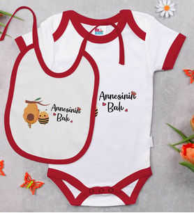 BK Kids Annesinin Balı Tasarımlı Kırmızı Bebek Body Zıbın ve Mama Önlüğü Hediye Seti-1