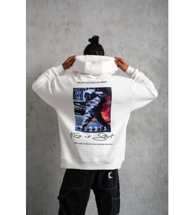 Erkek 3 İplik Pamuklu Kapüşonlu Baskılı Cepli Oversize Sweatshirt Hoodie - Beyaz