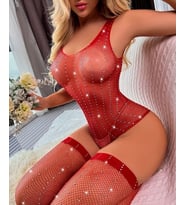 Intive Kırmızı Serpme Taşlı Fileli İthal Bodysuit 2'li Çorap Takım