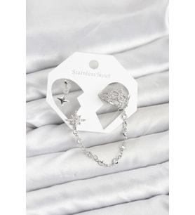 Kutup Yıldızı Model Pirinç Gümüş Renk Zincir Bağlantılı Ear Cuff Küpe Set - GLST1495-926