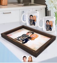 BK Gift Kişiye Özel Sevgililer Karikatürlü Doğal Ahşap Tepsi ve 2’li Kupa Bardak Seti-7