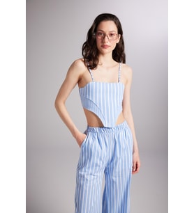 Askılı Çizgili Harmony Poplin Büstiyer Mavi