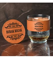 Kişiye Özel Taba Deri Kaplama Viski Bardağı Seti