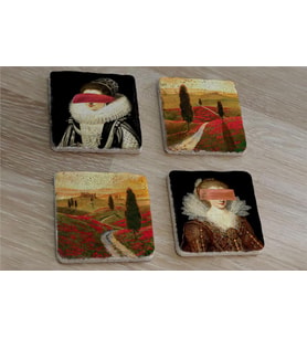 Manzaralar ve Modern Rönesans Portreleri Doğal Taş Bardak Altlığı 4'lü set - Natural Stone Coasters