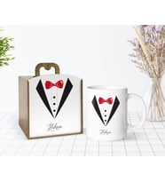 BK Gift Kişiye Özel Ahşap Kutuda Damat Tasarımlı Beyaz Kupa Bardak-1