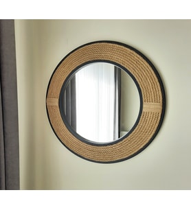 Dfn Wood Siyah Çerçeveli Jut Halatlı Yuvarlak Dekoratif Duvar Salon Banyo Aynası