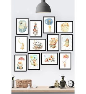 12 Parça Çerçeve Görünümlü Çocuk Ve Bebek Odası Hayvan Dostlar Mdf Tablo Seti (80x80 Cm)