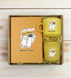 BK Gift Kişiye Özel İsimli DTF Best Friend Temalı Sarı Defter & Kahve Fincanı & Mum Hediye Seti-4, Arkadaşa Hediye, Doğum Günü Hediyesi