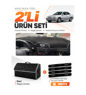 VOLVO S40 (1996-2002) Uyumlu Torpido Örtüsü + Deri Bagaj Çantası + Sticker Seti - Siyah Gri