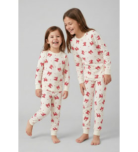 Ekru Renk Kırmızı Fiyonk Baskılı Kız Çocuk Pijama Takımı