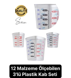 Premium 3'lü Set Plastik Ölçü Kabı 12 Çeşit Malzeme Ölçme Şeffaf Mutfak Gereci Galeta Unu İrmik