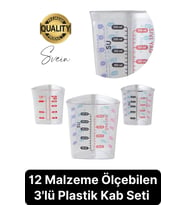Premium 3'lü Set Plastik Ölçü Kabı 12 Çeşit Malzeme Ölçme Şeffaf Mutfak Gereci Galeta Unu İrmik