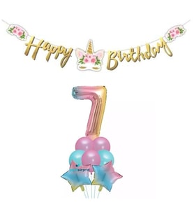Çiçekli Unicorn 7 Yaş Gökkuşağı Balon Set