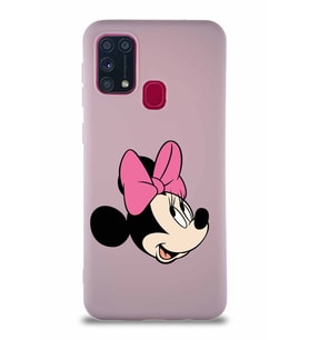 Samsung Galaxy M31 Soft Premier Kapak Minnie Mouse-A Tasarımlı Silikon Kılıf - Pudra (Şeffaf)