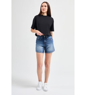 Lucia 82001 Oversize Crop Siyah Kadın Basic T-Shirt
