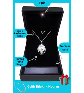 Işıklı Premium Kutuda  Işıltılı Gümüş Renkleri Anka Çelik Kolye  Paslanmaz Kararmaz  + hediye