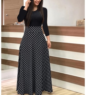 Kadın Uzun Kol Tam Boy Belden Puantiyeli Elbise