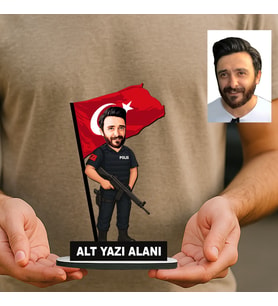 Kişiye Özel Polis Türk Bayraklı Karikatürlü 18 cm MDF Masaüstü Biblo - Polise Hediye Polis Hediyesi