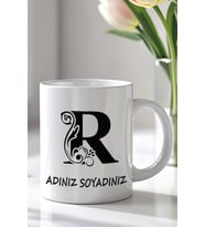 Kişiselleştirilebilir R Harfi Tasarımlı 330ml Baskılı Beyaz Seramik Kupa Bardak (Siyah Beyaz Baskili)