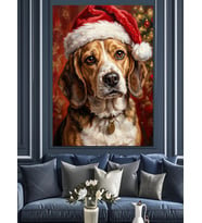 Noel Şapkalı Sevimli Beagle Köpeği Dekoratif Kanvas - Mdf Ahşap Tablo