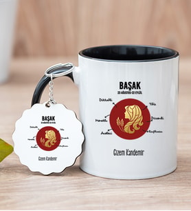 Kişiye Özel Başak Burcuna Hediye Siyah Kupa Bardak ve Anahtarlık