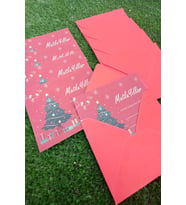 10 Adet Kırmızı Zarflı Çam Ağaçlı Yılbaşı Tebrik Kartı - 9x6cm Kuşe Hediye Kart
