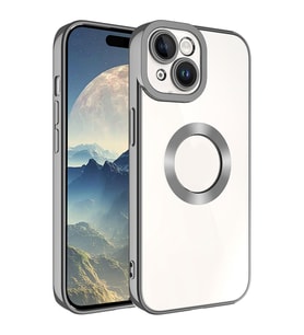 Apple iPhone 15 Plus Kılıf Logo Yeri Açık Kamera Lens Korumalı Renkli Kenarlı Şeffaf Silikon (Koyu Gri)