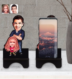 BK Gift Kişiye Özel Baba Kız Karikatürlü Ahşap Biblo Telefon Standı-1