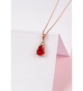 Kırmızı Zirkon Taşlı Rose Renk 925 Ayar Gümüş Bayan Kolye
