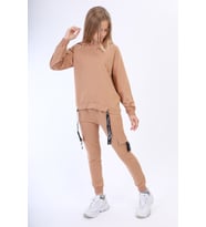 Toontoy Kız Çocuk Reglan Kol Şerit Detaylı Baskılı Takım (Kahverengi)