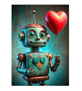 Kalpli Balon Tutan Sevimli Robot Model Ahşap Tablo
