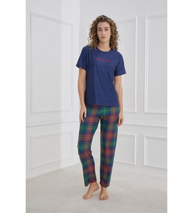 Kadın Ekose Desenli Bisiklet Yaka Pijama Takım  Lacivert 30102-1281