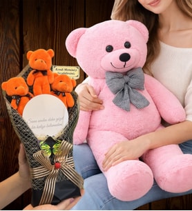 Premium Ayıcık Buketi Seti, Kişiye Özel Aynalı Turuncu Ayıcık Buketi ve Büyük Boy Peluş Ayıcık (Model 2)